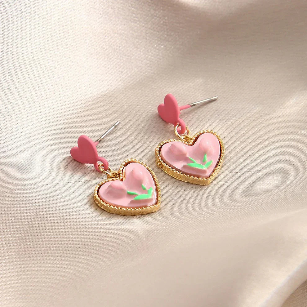 Flower Detail Heart Drop Earrings