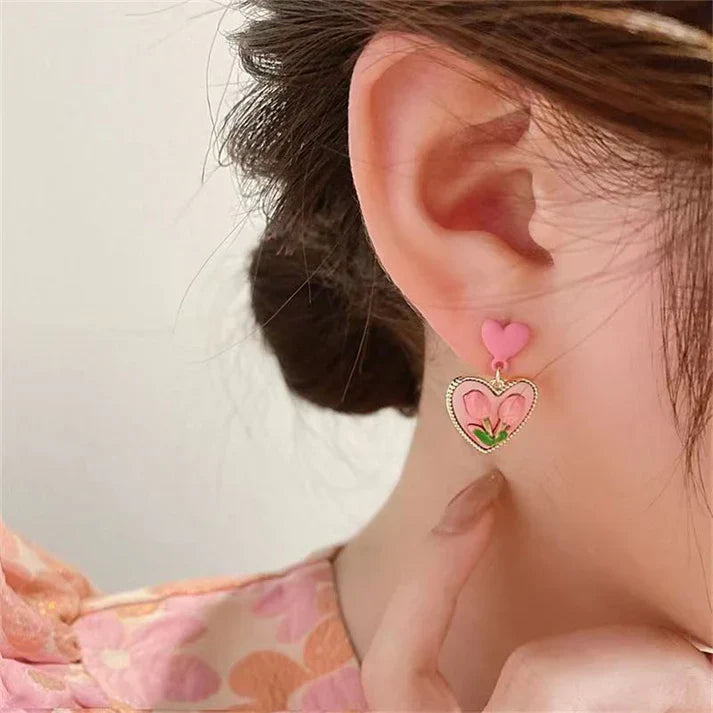 Flower Detail Heart Drop Earrings